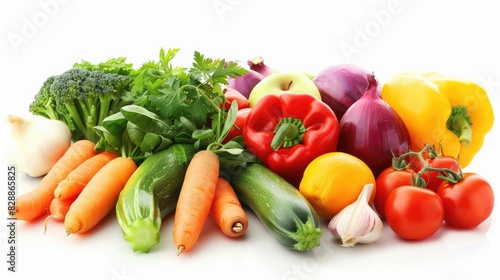 Assortment of colorful vegetables on a white background promoting the idea of healthy eating