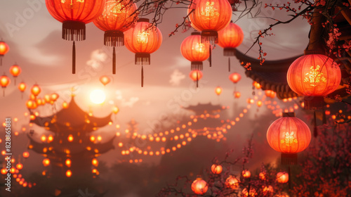 the chinese background with many red lanterns, in the style of unreal engine 5, realistic landscapes with soft, tonal colors, commission for, #myportfolio, #screenshotsaturday, flat, limited shading,  photo
