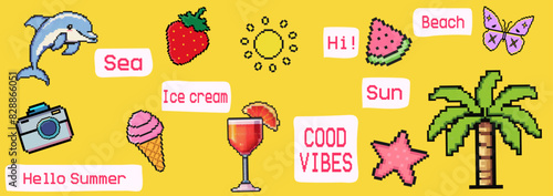 Summer collage pixel art. Summer vacation icons in pixel art design. Dolphin, watermelon, strawberry, cocktail, buttrefly, ice cream. Template for cover, banner, background, advertising, poster. 