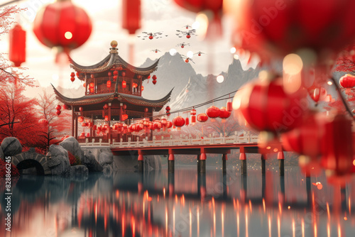 3d background with red lanterns and architecture, in the style of he jiaying, video montages, , xu beihong, festive atmosphere, coastal scenery, loose and fluid  photo