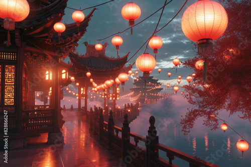 3d background with red lanterns and architecture, in the style of he jiaying, video montages, , xu beihong, festive atmosphere, coastal scenery, loose and fluid  photo