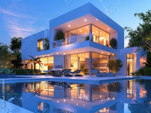 Modern house with pool and terrace in evening lighting, real estate concept.3d rendering of white modern architecture home exterior with glass windows and reflection on water at dusk