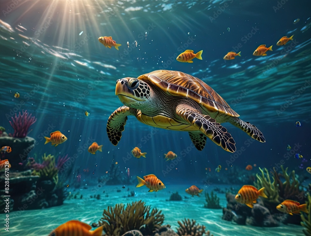 Fototapeta premium A green sea turtle gracefully glides through a blue aquarium, its shell contrasting with the vibrant marine life