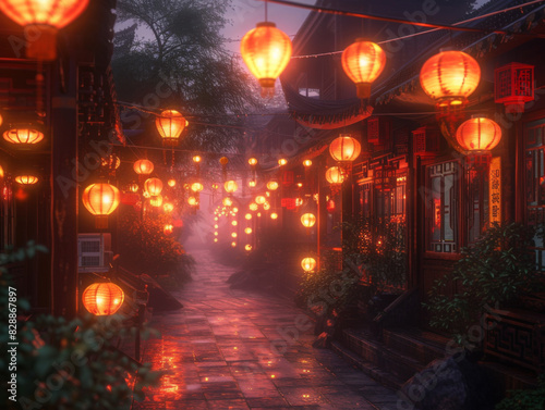 a street scene in an asian city lined with lanterns and lights, in the style of light red, daz3d, eerily realistic, glowing lights, chinapunk, colorful storytelling, atmospheric scenes  photo