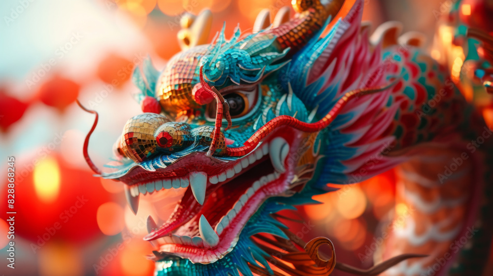 Fototapeta premium chinese dragon mask, , in the style of bokeh panorama, 32k uhd, kodak aerochrome, interactive experiences, golden light, traditional vietnamese, aurorapunk 