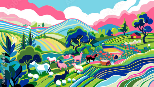 Vibrant Countryside Landscape with Grazing Animals and Rolling Hills