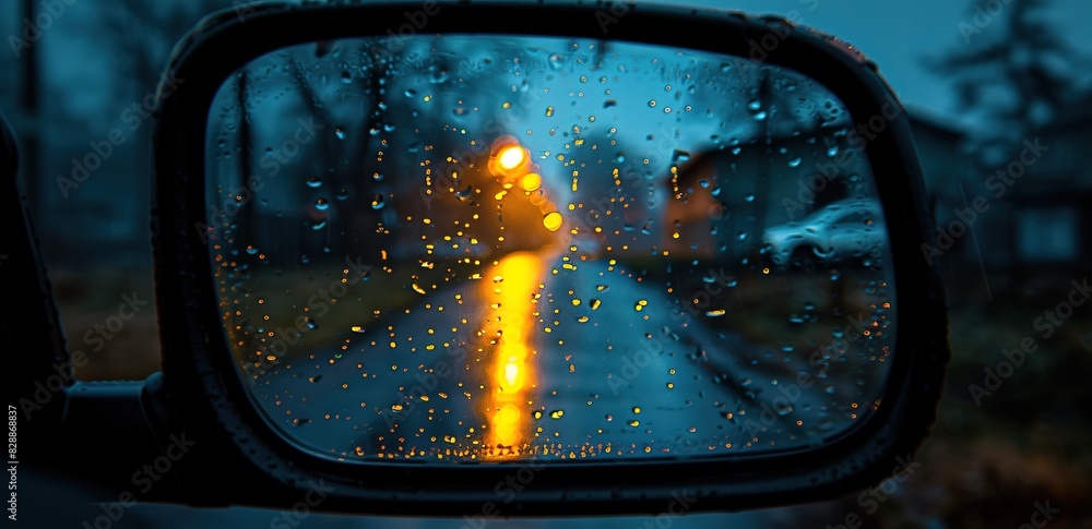 A car rearview mirror with water splashes in the photo at night A car rearview mirror with water splashes in the photo at night
