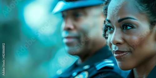 African American policewoman and male lieutenant discuss details of manslaughter case investigation. Concept Law enforcement, African American representation, Police case discussions photo