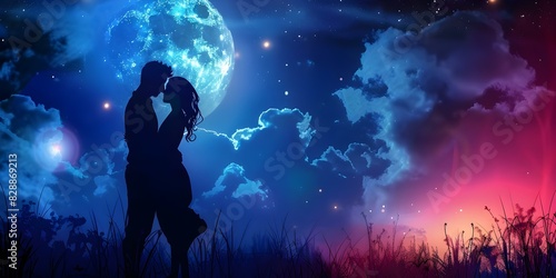 Lofi animestyle animation loop of couple embracing under moonlit sky. Concept Animation Loop, Lofi Style, Couple Embracing, Moonlit Sky, Anime Influence