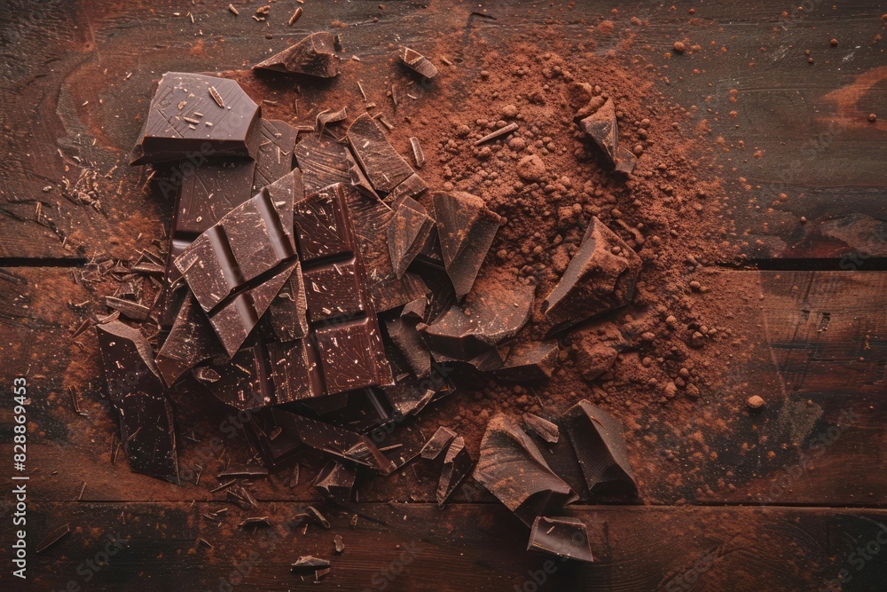A creative layout of chocolate pieces broken from a bar with cocoa powder artistically sprinkled on a warm toned wooden plank background