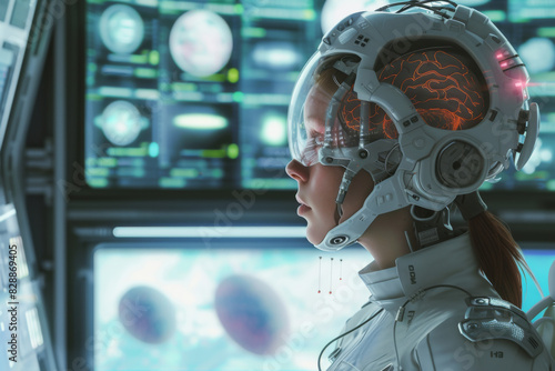 the female robot in front of a computer screen and a brain, in the style of sci-fi realism, weathercore, cartoon youthful protagonists, made of all of the above, hyper-realism, firecore, transcendenta photo