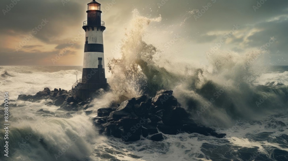 Historic lighthouse standing tall on a rugged coast, symbolizing guidance, theme maritime, ethereal, double exposure, stormy seas