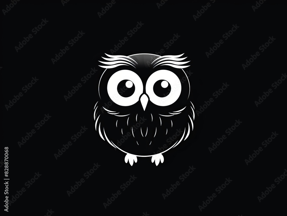 Fototapeta premium Minimalistic black-and-white illustration of an owl with big eyes on a black background, perfect for various design projects and decorations.