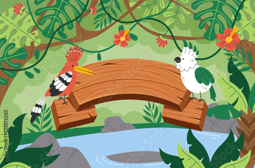 Jungle birds parrots sitting on wooden board. Vector flat graphic design illustration