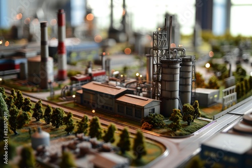 Intelligent factory internal display model, A lit-up model of an oil refinery showcasing intricate details and glowing lights, AI generated photo