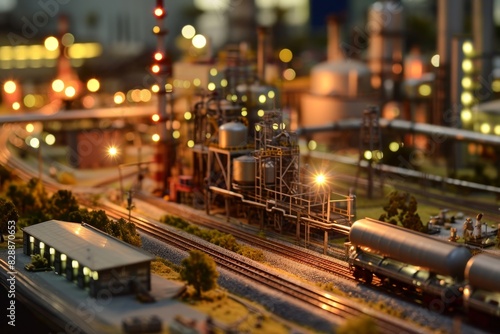 Intelligent factory internal display model, A lit-up model of an oil refinery showcasing intricate details and glowing lights, AI generated © Tanu