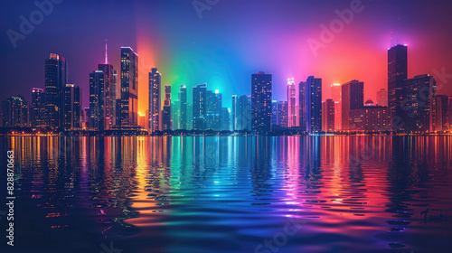 Vibrant cityscape at night with colorful skyscraper lights reflecting on calm water, creating a mesmerizing urban skyline scene.