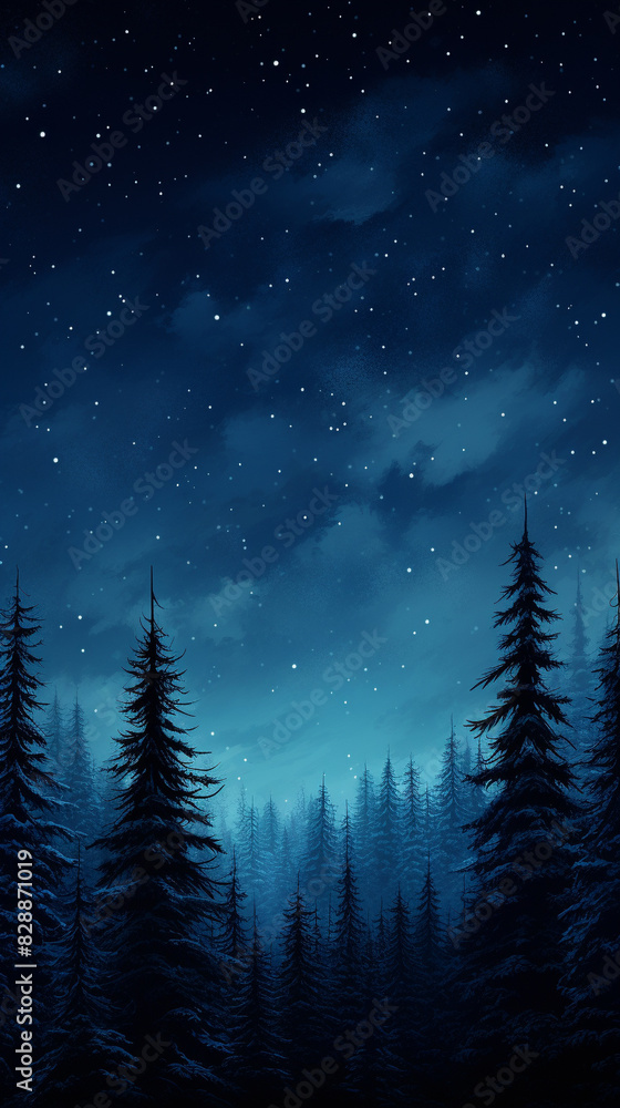 3d rendering of A serene night sky filled with stars over a dark pine forest, creating a peaceful and mystical atmosphere. 3d rendering of A serene night sky filled with stars over a dark pine forest, creating a peaceful and mystical atmosphere.