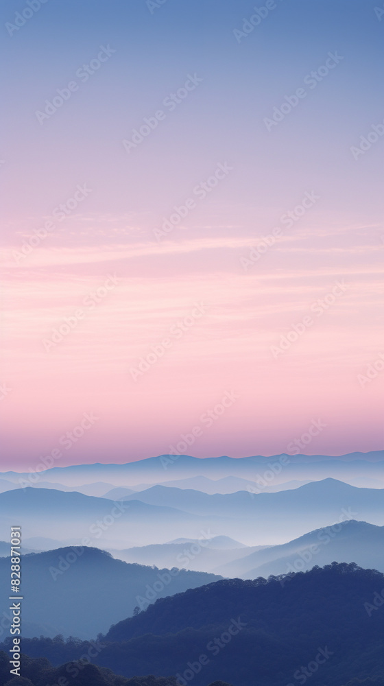 3d rendering of  A serene view of layered mountains at sunrise with pastel colors and a foggy atmosphere, epitomizing tranquility and natural beauty.
