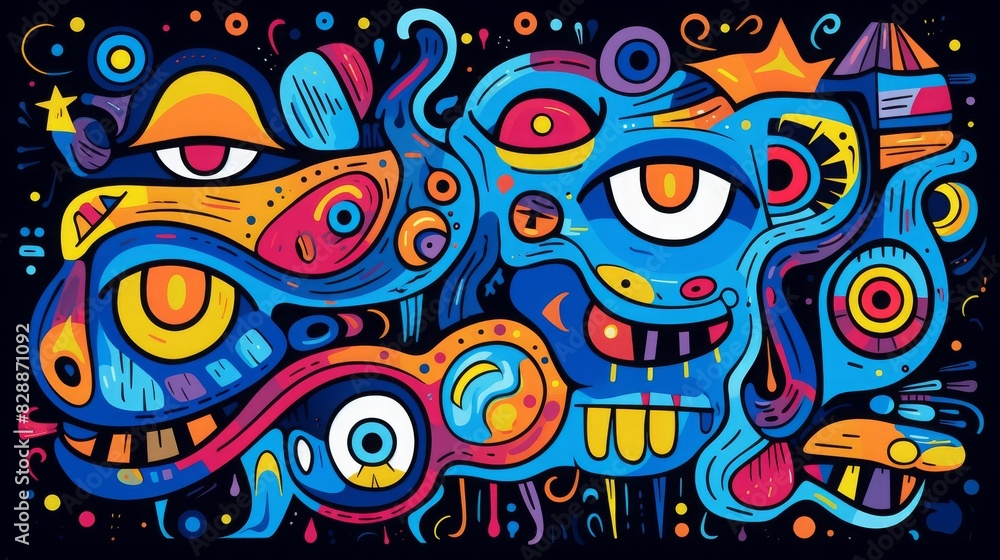 Vibrant abstract painting with surreal faces and colorful patterns, featuring bold lines and eye-catching shapes, set against a dark background. Vibrant abstract painting with surreal faces and colorful patterns, featuring bold lines and eye-catching shapes, set against a dark background.