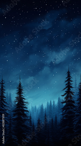 3d rendering of A serene night sky filled with stars over a dark pine forest, creating a peaceful and mystical atmosphere.