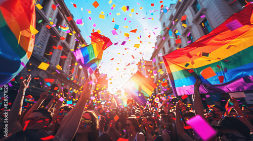 Vibrant pride parade with rainbow flags and confetti under a sunny sky, celebrating love and diversity in an urban street setting.