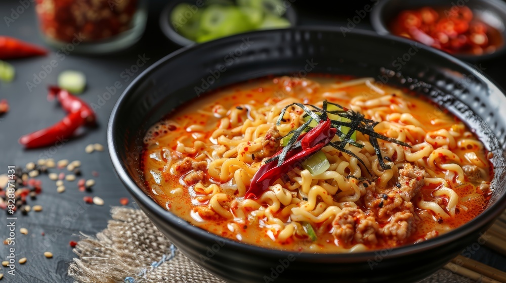 Spicy Korean Noodle Dish with Kimchi and Red Peppers Generative AI Spicy Korean Noodle Dish with Kimchi and Red Peppers Generative AI