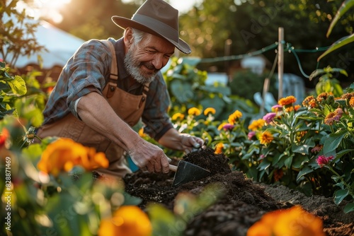 Fototapeta Naklejka Na Ścianę i Meble -  Man tending to flowers in a garden, representing horticulture, care, and the beauty of gardening