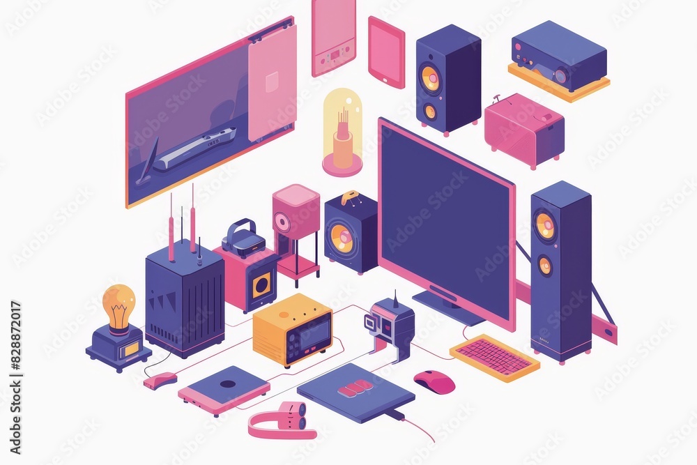Isometric illustration of a modern entertainment system with speakers, TV, and gaming consoles, emphasizing technology, leisure, and home entertainment