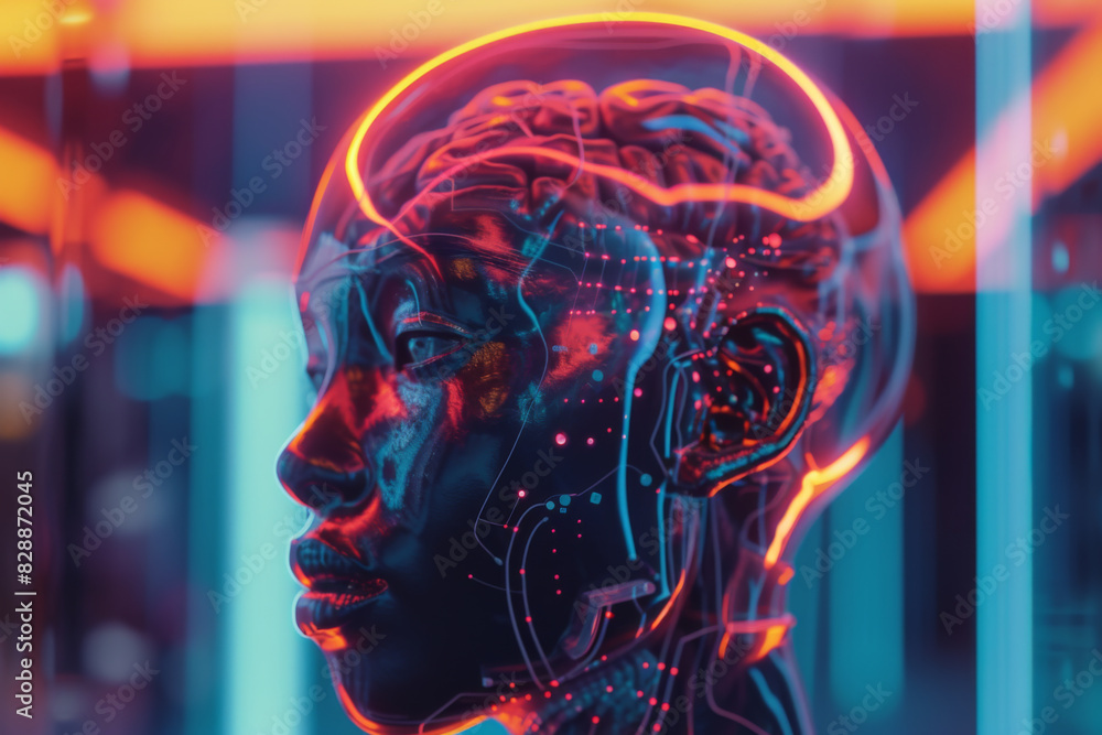 Obraz premium braincomputer interface overview video, in the style of afrofuturism-inspired, light navy and bronze, neo-academism, exquisite lighting, algeapunk, fractalpunk, neon realism 