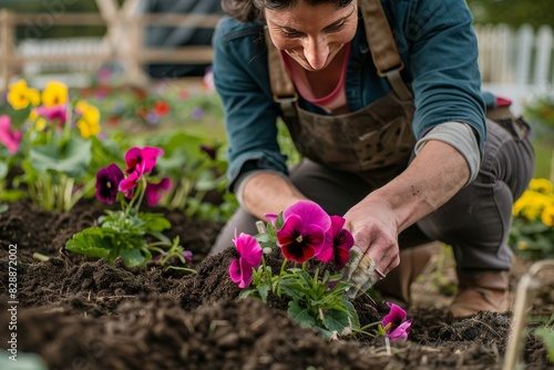Woman gardening with colorful flowers, highlighting horticulture, nature, and the joy of gardening on a bright day © Leo