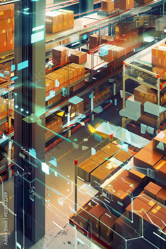 Idea for a vertical poster depicting a smart warehouse with automated goods sorting systems