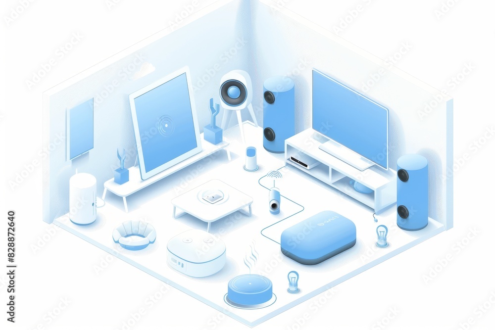 Isometric illustration of a smart home with various connected devices, emphasizing automation, technology, and contemporary living Isometric illustration of a smart home with various connected devices, emphasizing automation, technology, and contemporary living