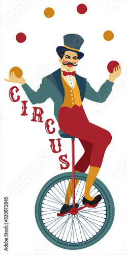 Juggler on unicycle. Circus performer. Petro vector isolated illustration