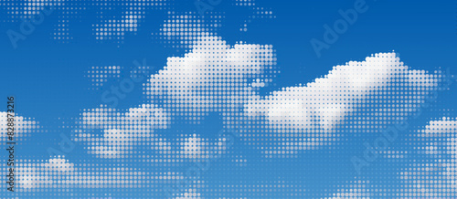 White halftone clouds effect vector. Fluffy dotted style clear blue sky.