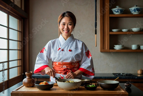 Smiling Japanese Businesswoman in Kimono Holding Culinary Utensils, Celebrating Traditional Culinary Arts photo