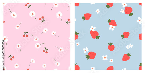 Seamless pattern with cherries, strawberries and cute flower on pink and blue backgrounds vector. Cute fruit print.