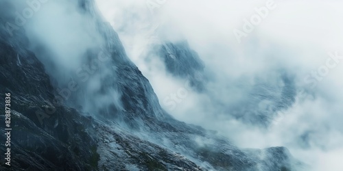 Image captures a dramatic misty mountain under a cloudy sky, conveying a natural atmosphere