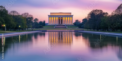 The Lincoln Memorial, in Washington DC, is beautifully captured at dusk with a vibrant sunset sky reflecting on the long reflecting pool