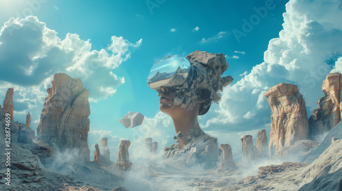 MR headsets are transforming the art of MIXED reality, in the style of mountainous vistas, mesoamerican influences, dadaist photomontage, 32k uhd, mysterious backdrops, ultra hd, epic portraiture  photo