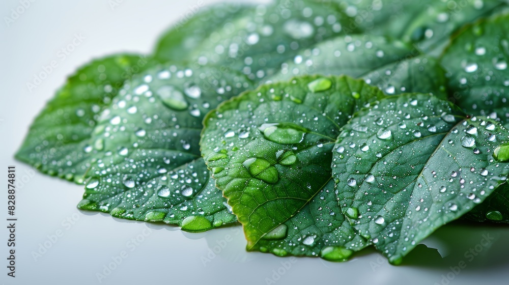 Fresh Leaves with Water Droplets on White Background Generative AI Fresh Leaves with Water Droplets on White Background Generative AI