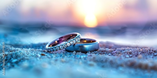 Symbolizing eternal love and commitment: Wedding rings on a sandy beach at sunset. Concept Eternal Love, Wedding Rings, Sandy Beach, Sunset Aesthetic photo