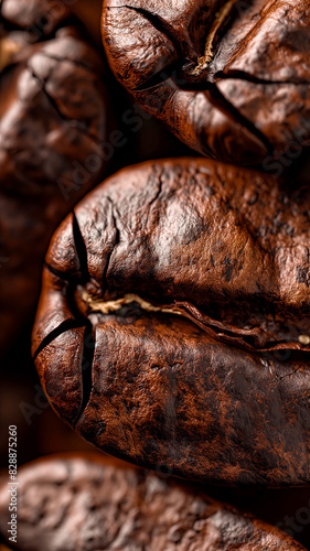 Vertical poster - macro shot of roasted coffee beans and their glossy surface, advertising for Italian coffee roasting