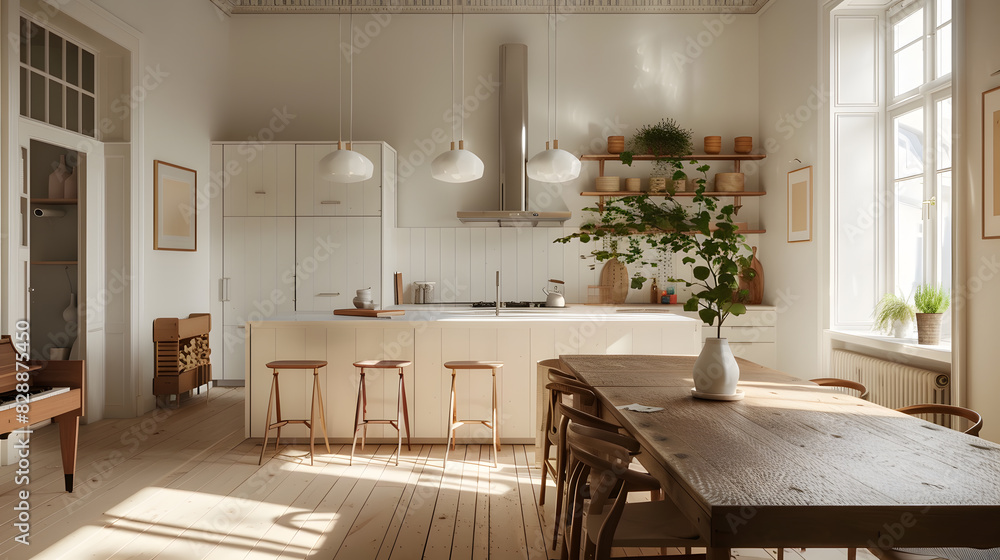 Empty modern kitchen with wooden table and chairs Empty modern kitchen with wooden table and chairs