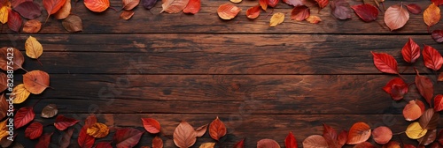 Top view of a rustic wooden surface covered with colorful fallen autumn leaves