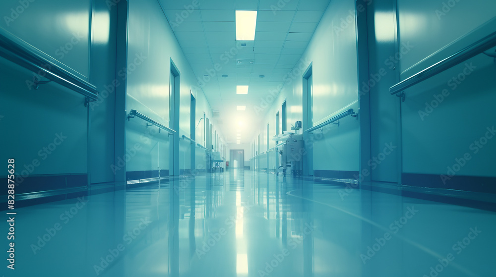 A calm, empty hospital corridor with bright lighting and clean, reflective floors. Ideal for medical, healthcare, and professional imagery.