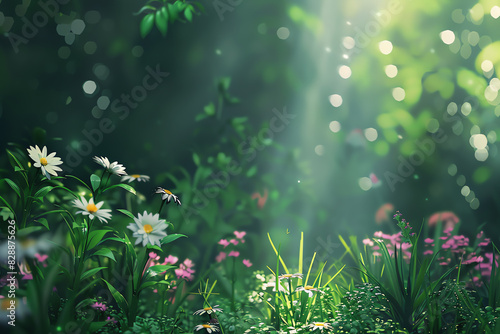 Serene nature background with lush greenery, detailed flowers, soft sunlight, high realism, peaceful atmosphere.