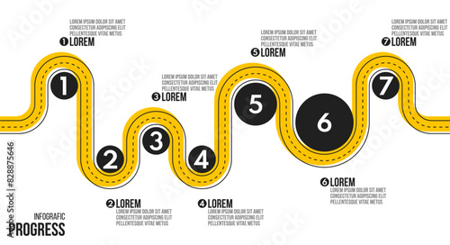 7 steps process progress or timeline, road infografic vector template