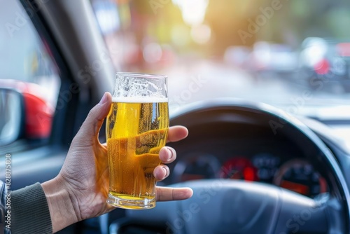 A designated driver hand rejecting a beer offer with a blurred car interior in the background promoting safety photo