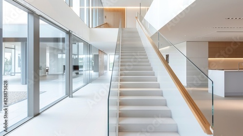 Modern staircase in the house  glass and wood handrail  open space with kitchen area on one side and hallway to other rooms on the other  white walls  interior design photography